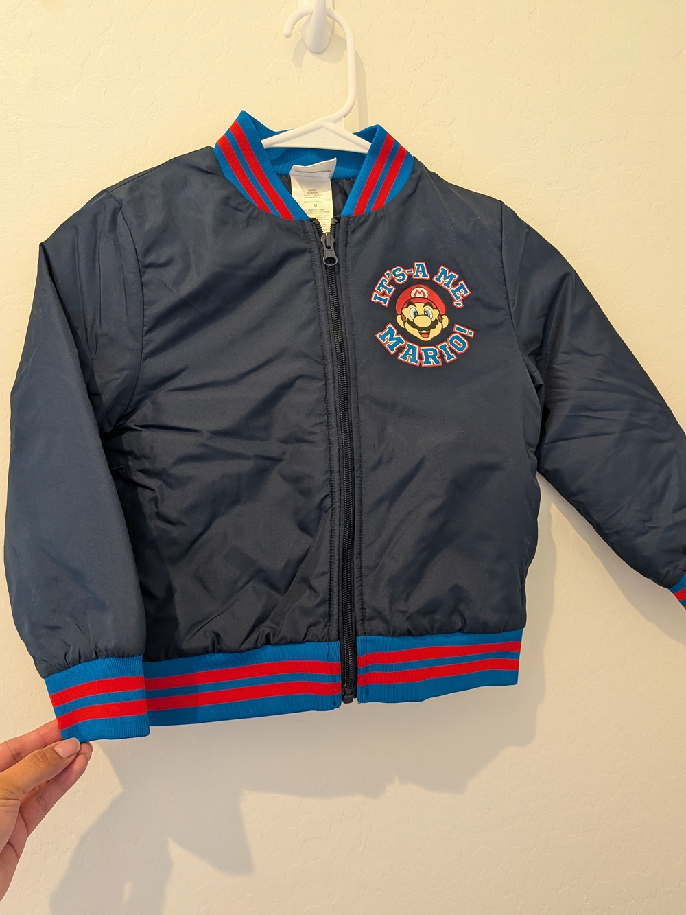 Super Mario Bomber Jacket Kids Size M Nintendo Blue Zip Up Coat Boys Girls